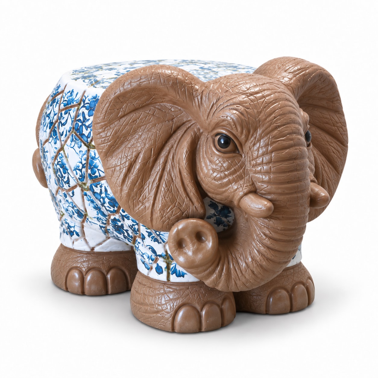 Elephant-Shaped Accent Stool with Blue and White Pattern product