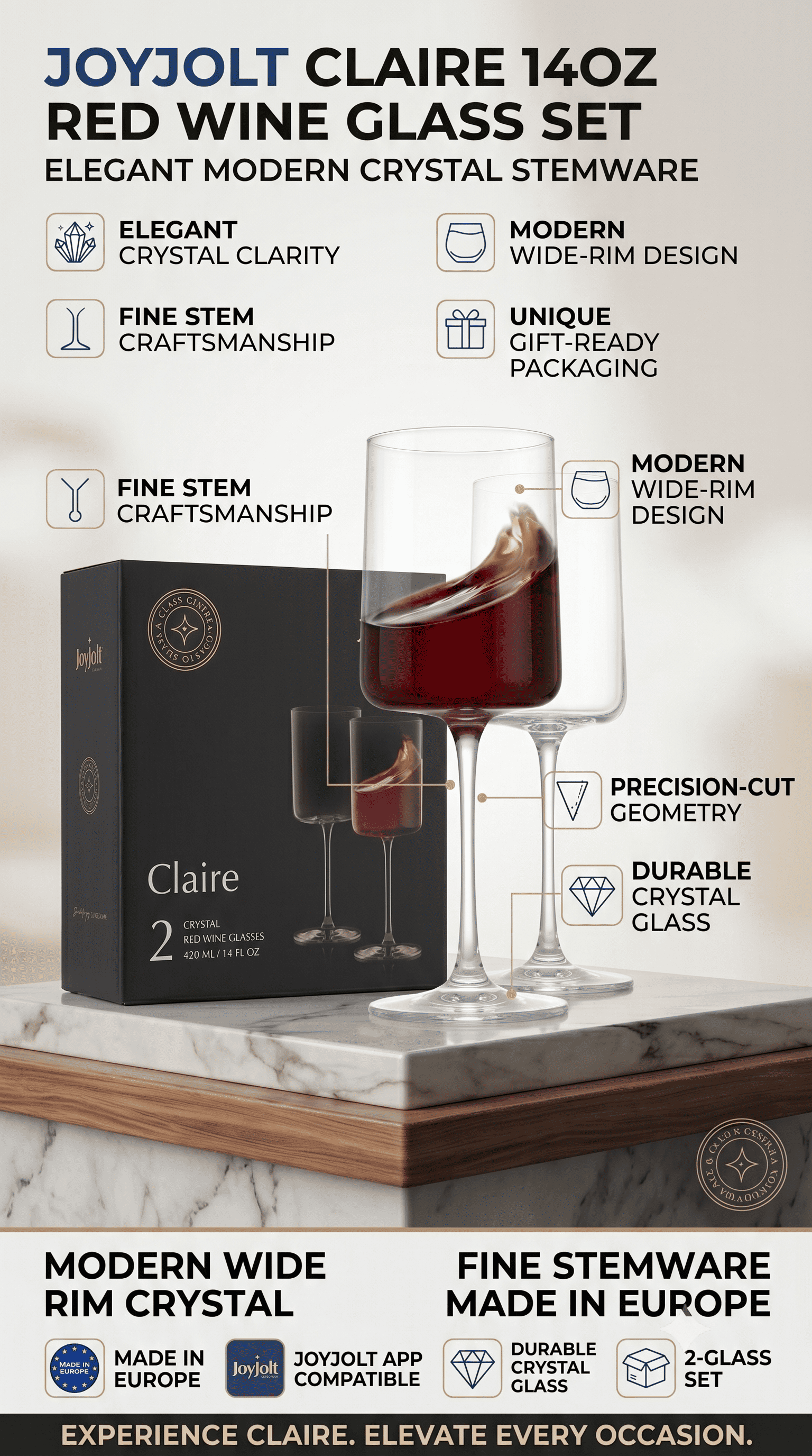 JoyJolt Claire 14oz Red Wine Glasses, 2-Pack